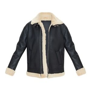 Black faux fur oversized plush faux fur lined aviator jacket